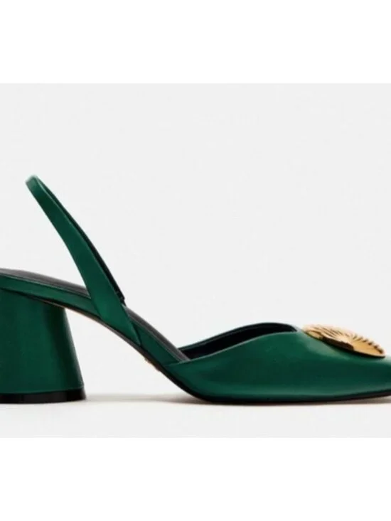 ZARA Green Leather Slingback Heels Gold Medallion Block Heel Women’s EU 41 US 10 - Picture 4 of 15